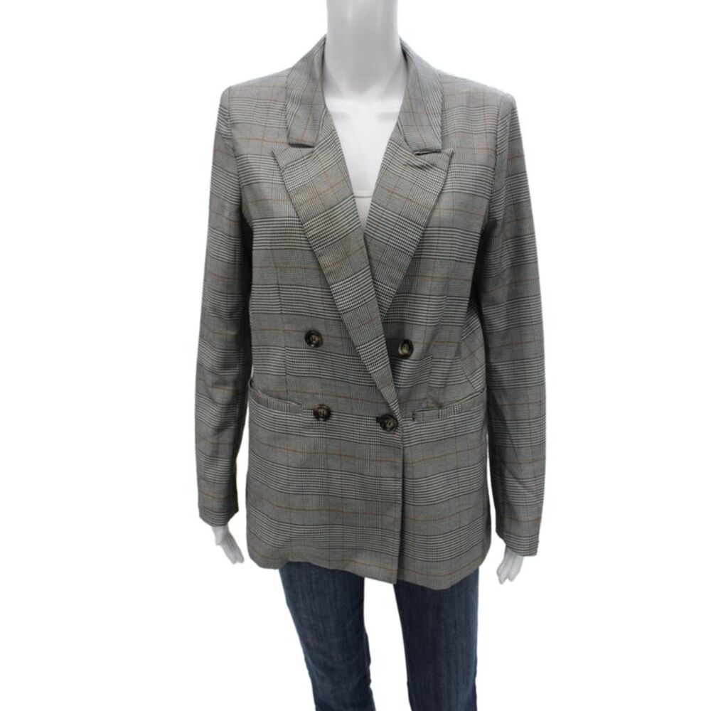 Aqua Womens Plaid Gray Collared Blazer Long Sleeve Size S